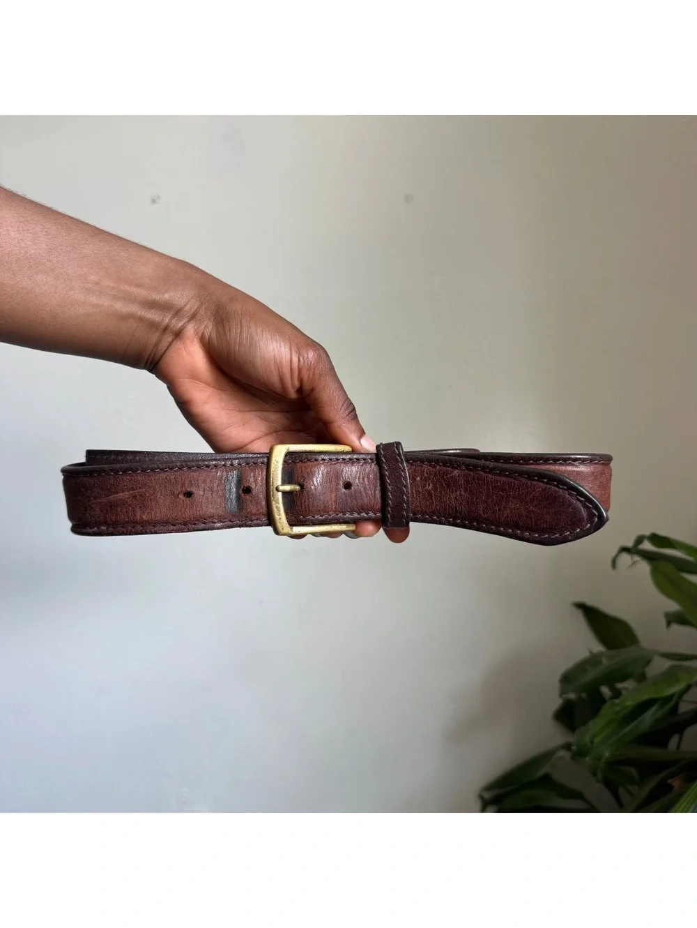 90s LL Bean Brown Leather Belt Solid Brass Buckle men’s 38